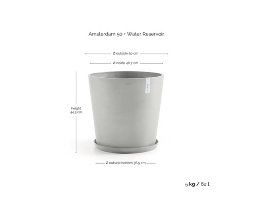 Ghiveci rotund gri Ecopots Amsterdam 50 cu farfurie și rezervor de apă, înălțime 44,3 centimetri, diametru 50 centimetri, 62 litri.