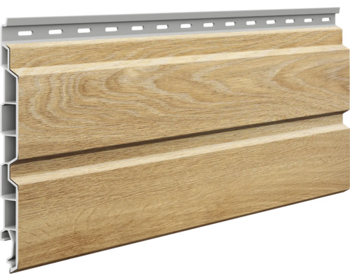 Panou de fațadă din plastic cu structură de lemn și șină de montaj integrată.