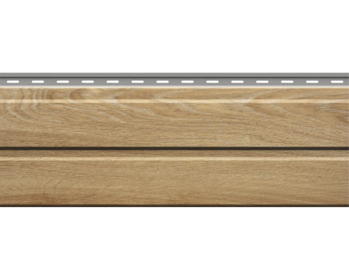 Panou de fațadă cu aspect de lemn, bandă de fixare și suprafață structurată.