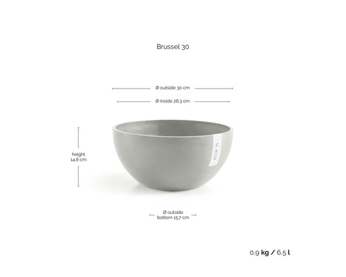 Vas pentru plante Ecopots Brussel 30 cu dimensiuni: diametru exterior 30 centimetri, interior 28,3 centimetri, înălțime 14,8 centimetri.
