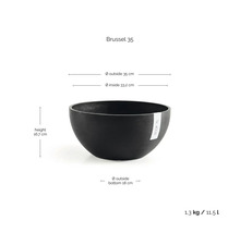 Vas de plante negru Brussel 35 cu dimensiuni: înălțime 16,7 centimetri, diametru exterior 35 centimetri, volum 11,5 litri.