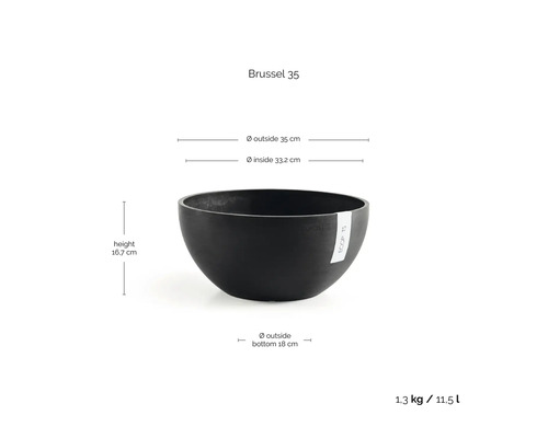 Vas de plante negru Brussel 35 cu dimensiuni: înălțime 16,7 centimetri, diametru exterior 35 centimetri, volum 11,5 litri.