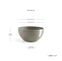 Bol pentru plante ECOPOTS Brussel 35, diametru 35 centimetri, înălțime 16,7 centimetri, volum 11,5 litri, greutate 1,3 kilograme.