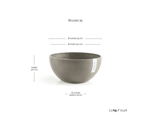 Bol pentru plante ECOPOTS Brussel 35, diametru 35 centimetri, înălțime 16,7 centimetri, volum 11,5 litri, greutate 1,3 kilograme.