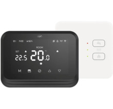 Termostat digital negru cu afișaj de temperatură și unitate de control asociată