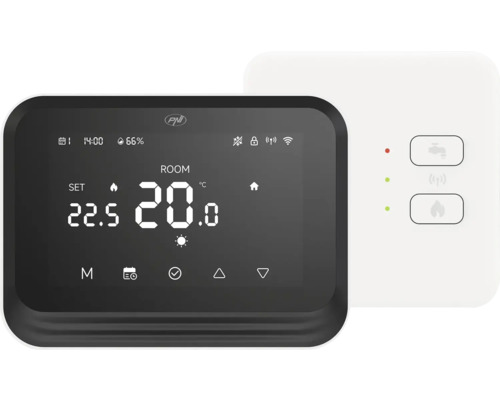 Termostat digital negru cu afișaj de temperatură și unitate de control asociată