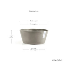 Bol gri pentru plante Ecopots Frankfurt 40 din plastic, înălțime 17,8 centimetri, diametru exterior 41 centimetri, volum 16,4 litri.