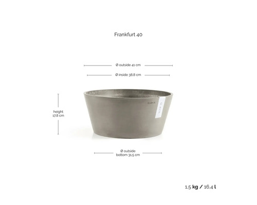 Bol gri pentru plante Ecopots Frankfurt 40 din plastic, înălțime 17,8 centimetri, diametru exterior 41 centimetri, volum 16,4 litri.