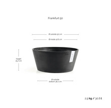 Ghiveci Ecopots Frankfurt 50, antracit, diametru 50 centimetri, înălțime 25,7 centimetri, volum 30,6 litri, din plastic reciclat.