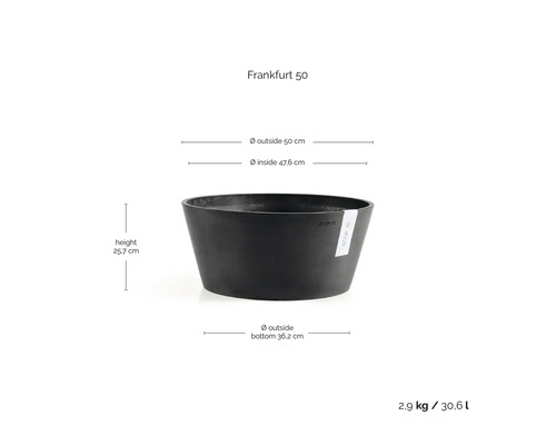 Ghiveci Ecopots Frankfurt 50, antracit, diametru 50 centimetri, înălțime 25,7 centimetri, volum 30,6 litri, din plastic reciclat.
