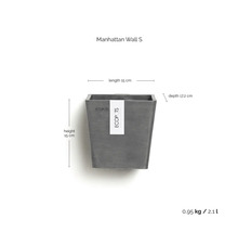 Ghiveci de perete Ecopots Manhattan Wall S, înălțime 15 centimetri, lungime 15 centimetri, adâncime 17,2 centimetri, 0,95 kilograme, volum 2,1 litri.
