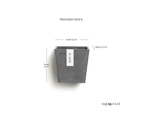 Ghiveci de perete Ecopots Manhattan Wall S, înălțime 15 centimetri, lungime 15 centimetri, adâncime 17,2 centimetri, 0,95 kilograme, volum 2,1 litri.