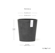 Ghiveci Ecopots Morinda 14, înălțime 15 centimetri, diametru exterior 14 centimetri, diametru interior 12,8 centimetri, volum 1,4 litri.