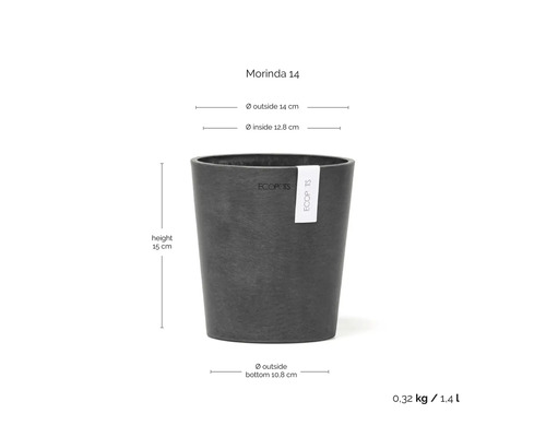 Ghiveci Ecopots Morinda 14, înălțime 15 centimetri, diametru exterior 14 centimetri, diametru interior 12,8 centimetri, volum 1,4 litri.