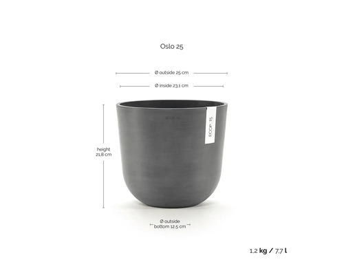 Ghiveci Ecopots Oslo 25 cu dimensiuni: înălțime 21,8 centimetri, diametru exterior 25 centimetri, volum 7,7 litri, greutate 1,2 kilograme.
