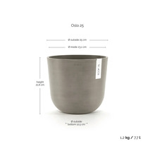 Ghiveci Ecopots Oslo 25: înălțime 21,8 centimetri, diametru exterior 25 centimetri, diametru interior 23,1 centimetri, volum 7,7 litri.