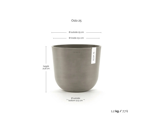 Ghiveci Ecopots Oslo 25: înălțime 21,8 centimetri, diametru exterior 25 centimetri, diametru interior 23,1 centimetri, volum 7,7 litri.