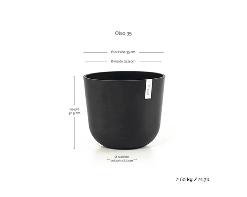Ghiveci Ecopots Oslo 35 cu Ecopots Logo și dimensiuni: înălțime 30,5 centimetri, diametru exterior 35 centimetri, volum 21,7 litri.
