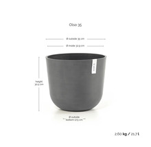 Ghiveci Ecopots Olso 35: înălțime 30,5 centimetri, diametru exterior 35 centimetri, diametru interior 32,9 centimetri, volum 21,7 litri.