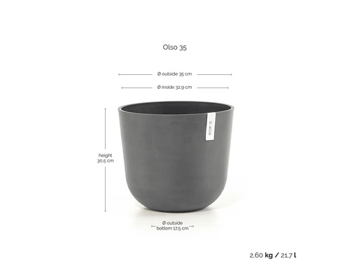 Ghiveci Ecopots Olso 35: înălțime 30,5 centimetri, diametru exterior 35 centimetri, diametru interior 32,9 centimetri, volum 21,7 litri.