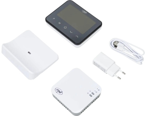 Set termostat robinet radiator WiFi PNI CT36 cu termostat, receptor, senzor, sursa de alimentare si cablu USB
