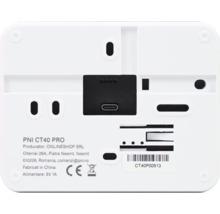 Spatele dispozitivului PNI CT40 PRO cu port USB și informații despre producător