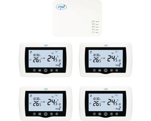 Patru termostate cu afișaj digital și o unitate de control