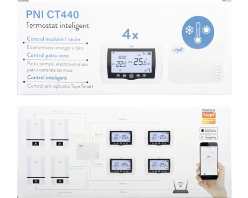Termostat inteligent PNI CT440 pentru controlul încălzirii și răcirii pentru patru zone, compatibil cu aplicația Tuya Smart.