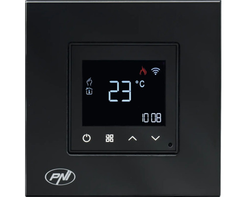Regulator de temperatură negru cu afișaj digital și logo PNI