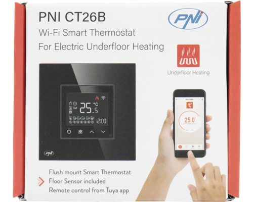 Termostat inteligent PNI CT26B Wi-Fi pentru încălzire electrică prin pardoseală în ambalajul produsului