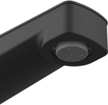 Prim-plan cu cap de robinet negru cu perlator rotund