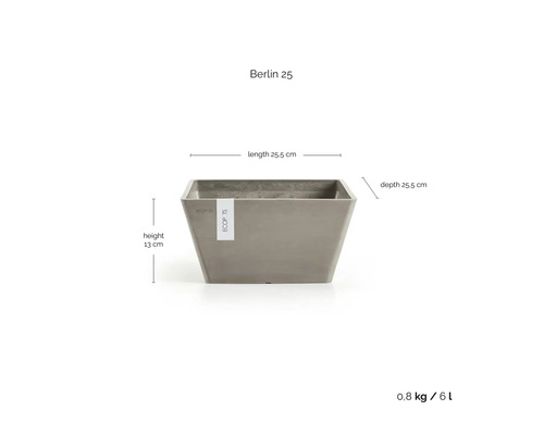 Ghiveci Ecopots Berlin 25 cu dimensiunile de 25,5 pe 25,5 pe 13 centimetri, volum 6 litri și greutate 0,8 kilograme.