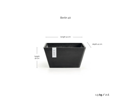 Ghiveci pătrat Berlin 40 cu ECOPOTS Logo, dimensiuni 41 pe 41 pe 18 centimetri, greutate 1,9 kilograme, volum 21 litri.