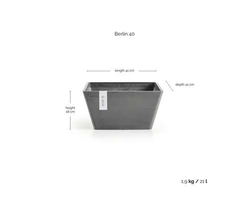 Ghiveci Ecopots Berlin 40 gri, lungime 41 centimetri, adâncime 41 centimetri, înălțime 18 centimetri, volum 21 litri, greutate 1,9 kilograme.