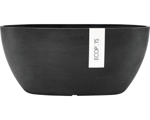Ghiveci oval Ecopots din plastic reciclat cu aspect de piatră închisă la culoare.