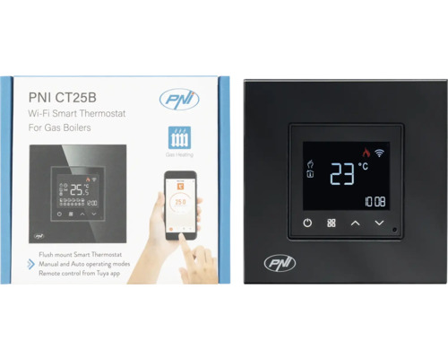 Termostat inteligent PNI CT25B WiFi pentru centrale termice pe gaz, prezentat cu ambalaj