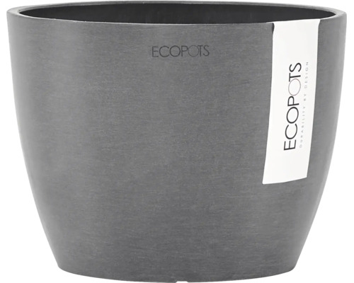 Ghiveci rotund Ecopots din plastic reciclat cu o suprafață cu aspect de piatră.
