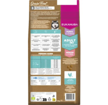 Ambalaj hrană pentru câini Eukanuba Grain Free cu informații despre ingrediente și instrucțiuni de hrănire