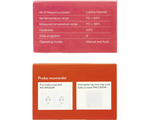 Detalii de ambalare ale unui dispozitiv electronic cu specificații tehnice și recomandări de produse