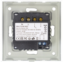 Comutator WiFi PNI CT25W cu marcaj CE, marcaj EAC, marcaj FC, marcaj de conformitate, simbol RoHS și grad de protecție IP20.