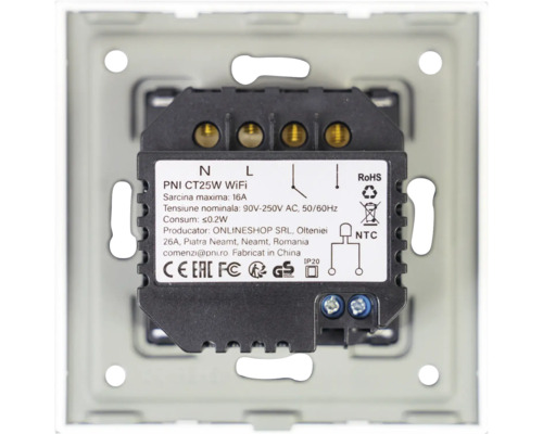 Comutator WiFi PNI CT25W cu marcaj CE, marcaj EAC, marcaj FC, marcaj de conformitate, simbol RoHS și grad de protecție IP20.