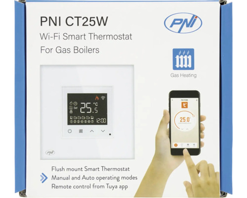 Termostat inteligent PNI CT25W Wi-Fi pentru centrale termice pe gaz, în ambalajul produsului