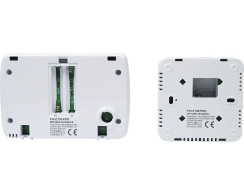 Spatele termostatului PNI CT36 PRO cu compartiment pentru baterii și marcaj CE