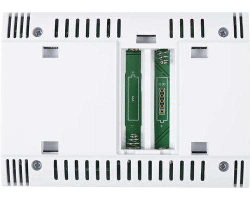 Partea din spate a unui termostat cu compartiment pentru baterii pentru două baterii AAA