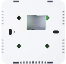 Partea din spate a unui capac de termostat alb cu orificii de montare