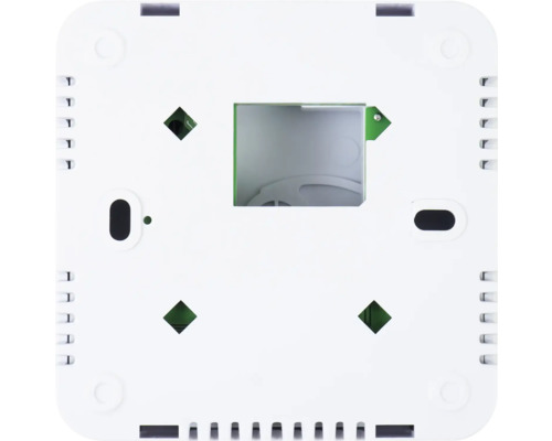 Partea din spate a unui capac de termostat alb cu orificii de montare