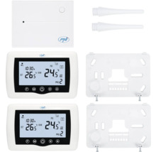 Logo PNI cu două termostate digitale, două rame de montaj și două accesorii