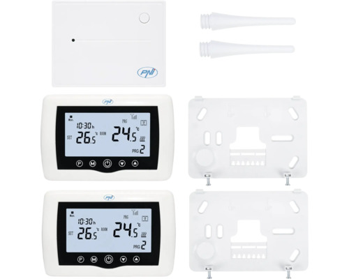 Logo PNI cu două termostate digitale, două rame de montaj și două accesorii