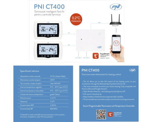 Termostat inteligent PNI CT400 Dual Zone pentru controlul încălzirii cu router și aplicație pentru smartphone