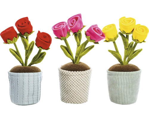 Trei trandafiri din material textil în ghivece